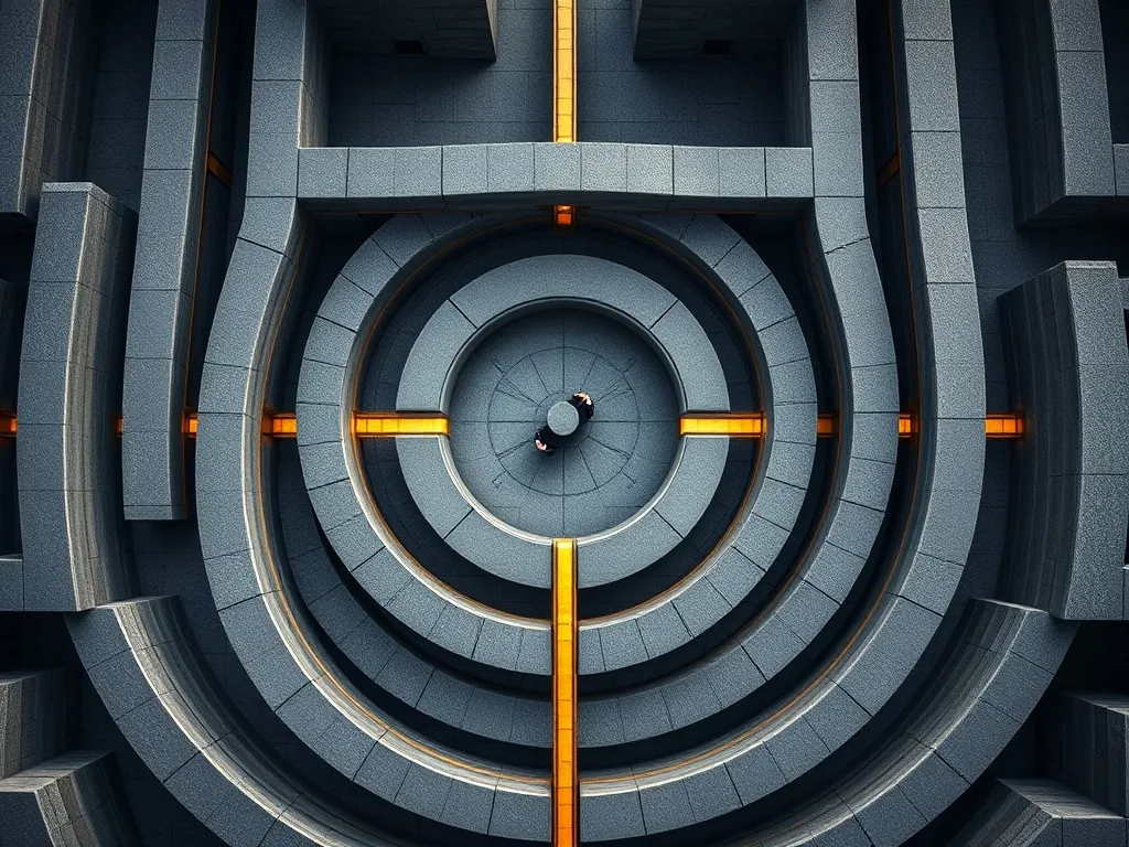 Architectural top view of a structured stone labyrinth with