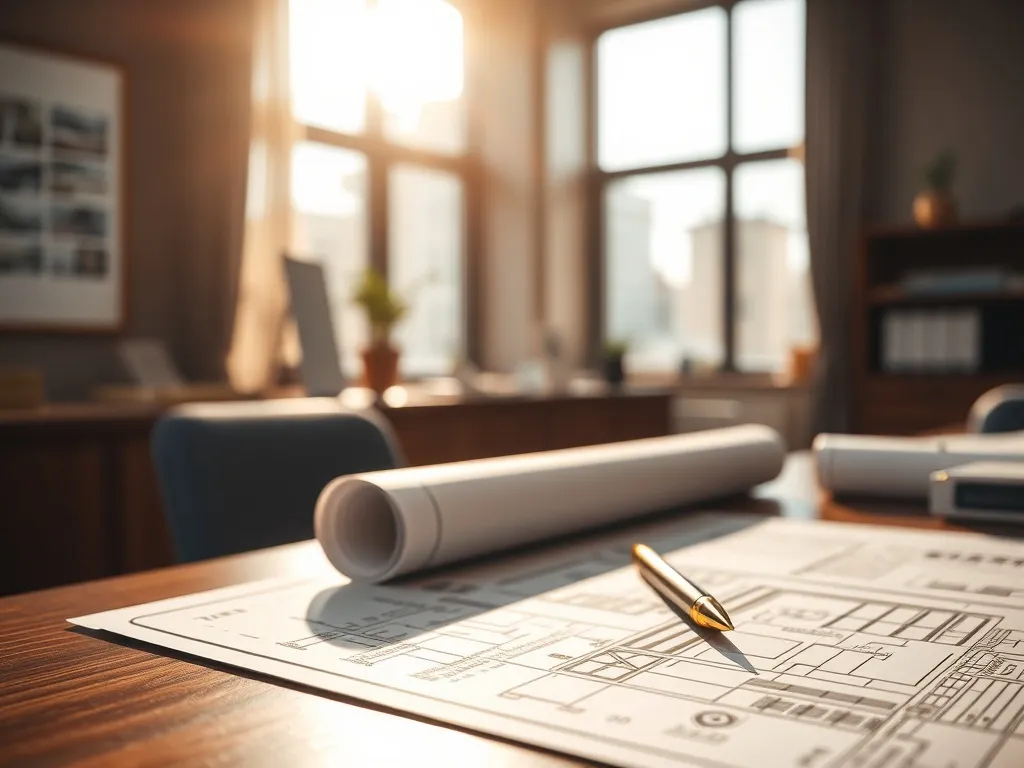 Close up of high-end office desk with golden pen and archite